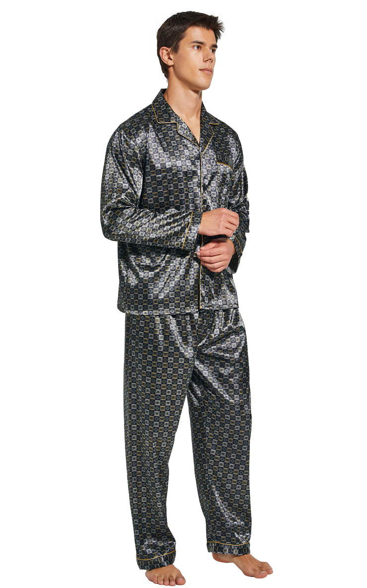 Men's Silk Satin Pajama Set Long Sleeve-Golden/White Check