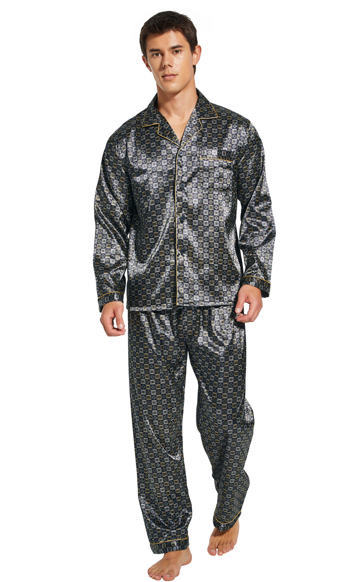 Men's Silk Satin Pajama Set Long Sleeve-Golden/White Check