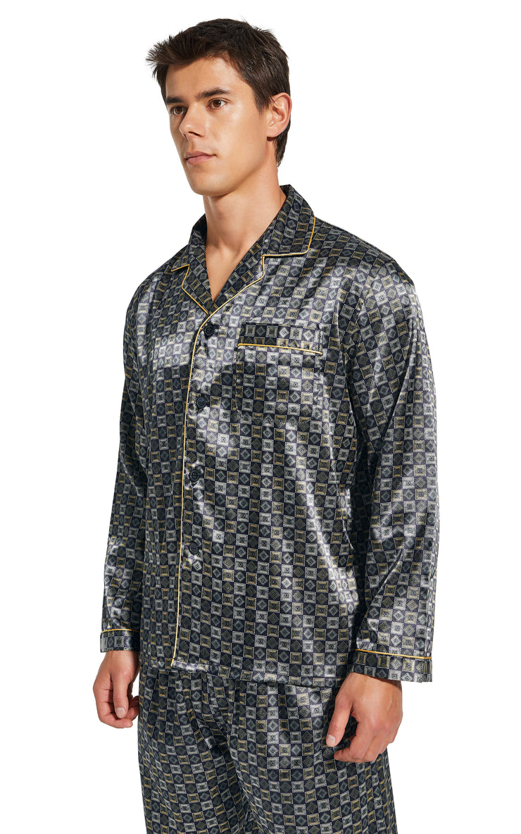 Men's Silk Satin Pajama Set Long Sleeve-Golden/White Check