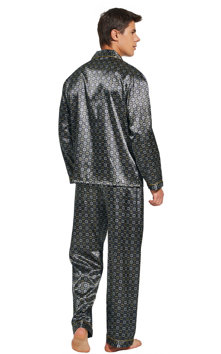 Men's Silk Satin Pajama Set Long Sleeve-Golden/White Check