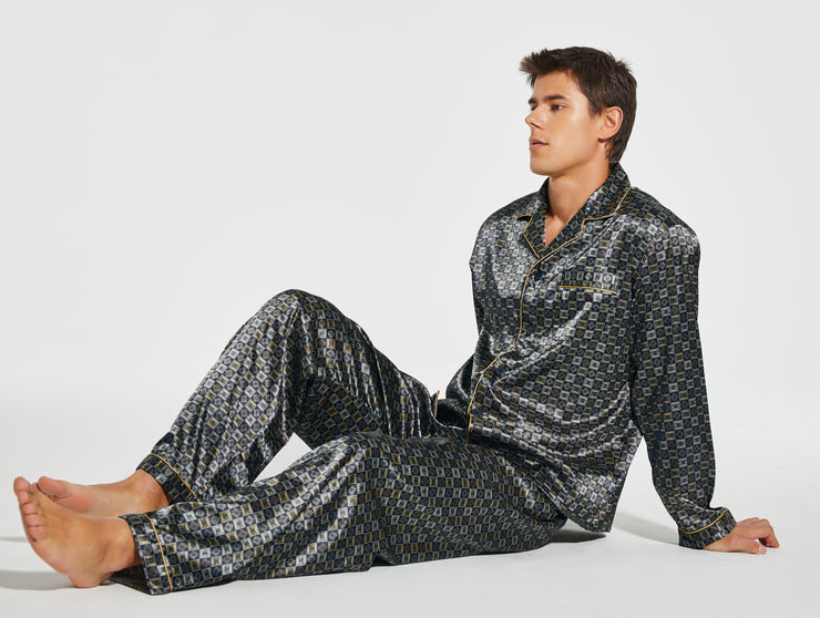 Men's Silk Satin Pajama Set Long Sleeve-Golden/White Check