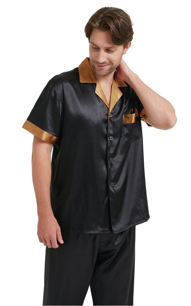 Men's Silk Satin Pajama Set Short Sleeve Loungewear with Long Pants-Black With Golden Collar