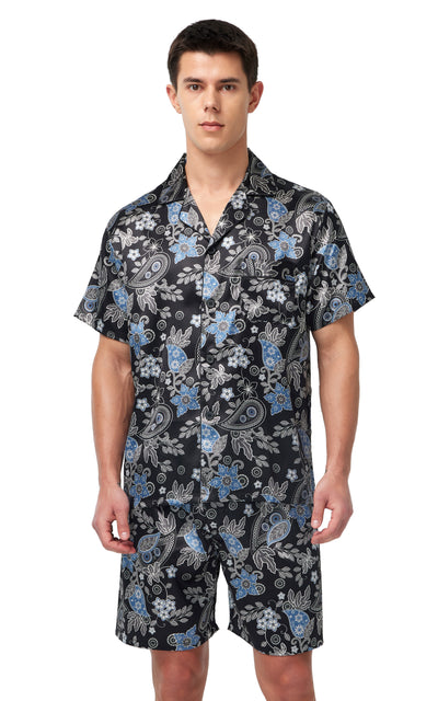 Men's Silk Satin Pajama Set Short Sleeve-Black with Blue Leaf Patterns