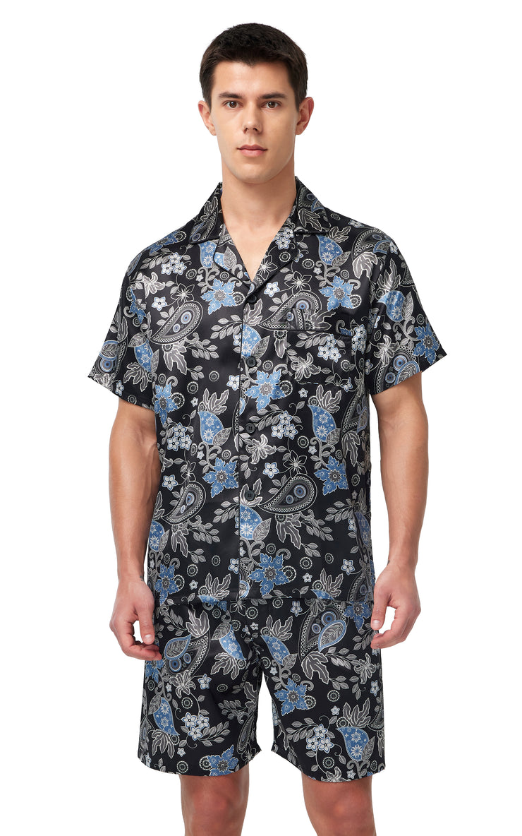 Men's Silk Satin Pajama Set Short Sleeve-Black with Blue Leaf Patterns