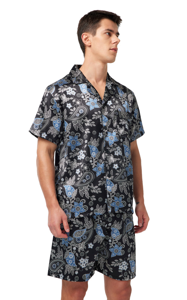 Men's Silk Satin Pajama Set Short Sleeve-Black with Blue Leaf Patterns