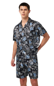 Men's Silk Satin Pajama Set Short Sleeve-Black with Blue Leaf Patterns