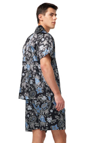 Men's Silk Satin Pajama Set Short Sleeve-Black with Blue Leaf Patterns
