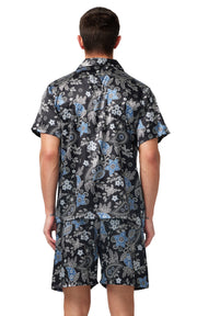 Men's Silk Satin Pajama Set Short Sleeve-Black with Blue Leaf Patterns