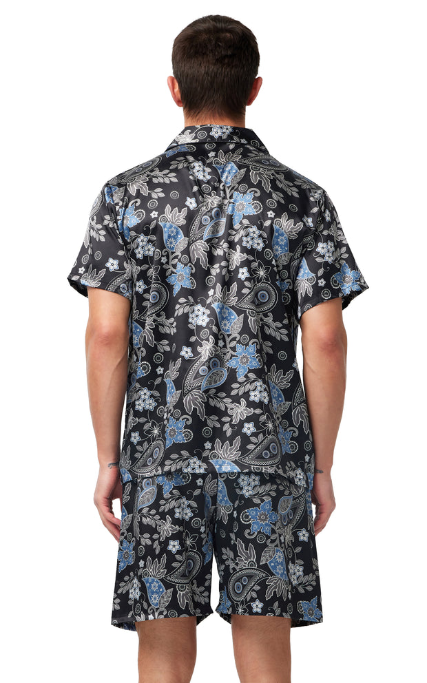 Men's Silk Satin Pajama Set Short Sleeve-Black with Blue Leaf Patterns