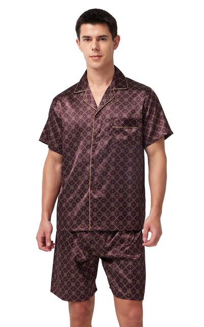 Men's Silk Satin Pajama Set Short Sleeve-Brown With Graphic Patterns
