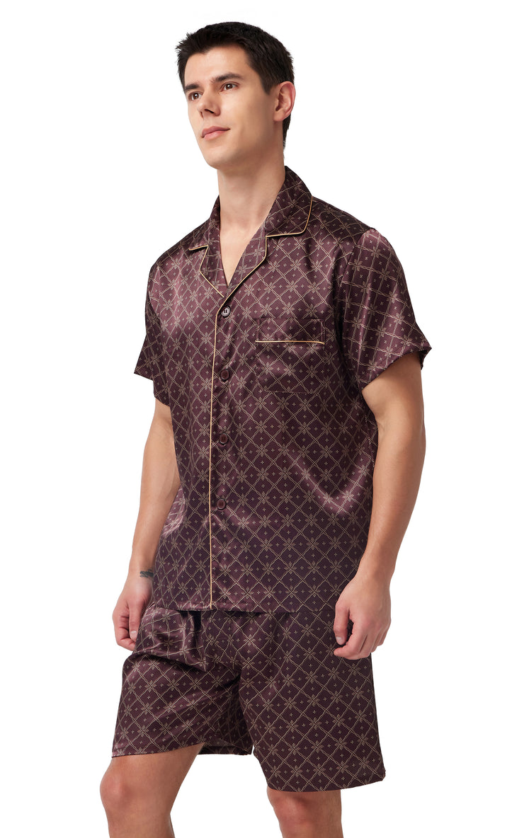 Men's Silk Satin Pajama Set Short Sleeve-Brown With Graphic Patterns