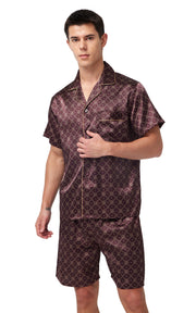 Men's Silk Satin Pajama Set Short Sleeve-Brown With Graphic Patterns