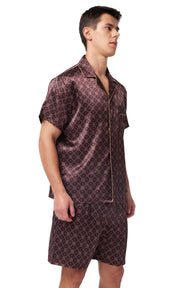 Men's Silk Satin Pajama Set Short Sleeve-Brown With Graphic Patterns