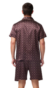 Men's Silk Satin Pajama Set Short Sleeve-Brown With Graphic Patterns