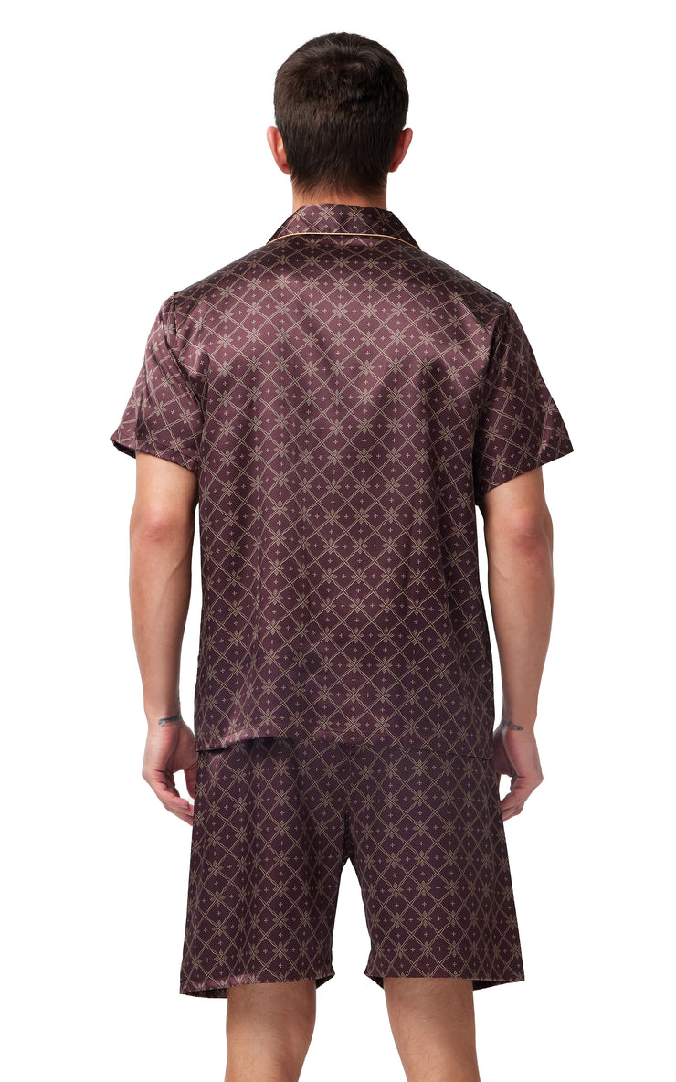 Men's Silk Satin Pajama Set Short Sleeve-Brown With Graphic Patterns