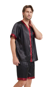Men's Silk Satin V-Neck Pajama Set Short Sleeve-Black