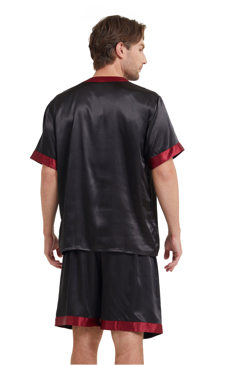 Men's Silk Satin V-Neck Pajama Set Short Sleeve-Black