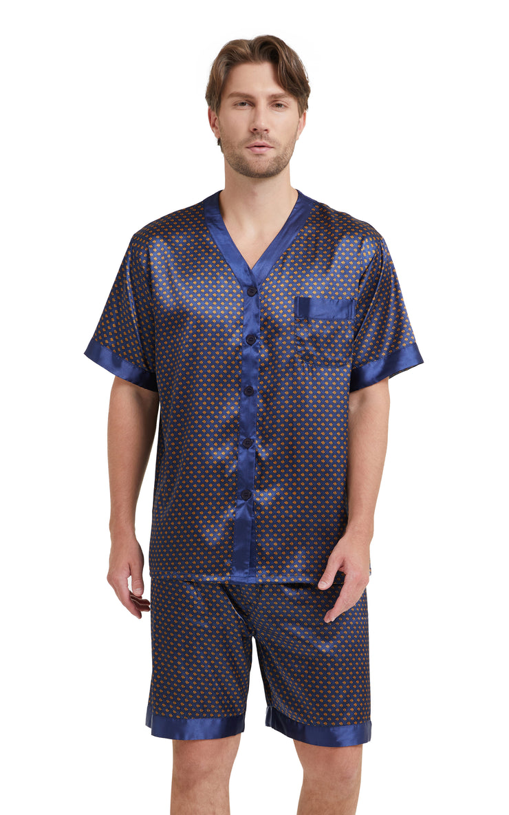 Men's Silk Satin V-Neck Pajama Set Short Sleeve-Navy and Golden Diamond