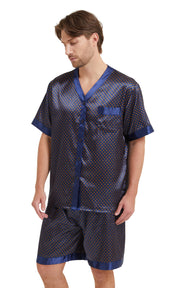Men's Silk Satin V-Neck Pajama Set Short Sleeve-Navy and Golden Diamond
