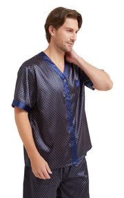 Men's Silk Satin V-Neck Pajama Set Short Sleeve-Navy and Golden Diamond