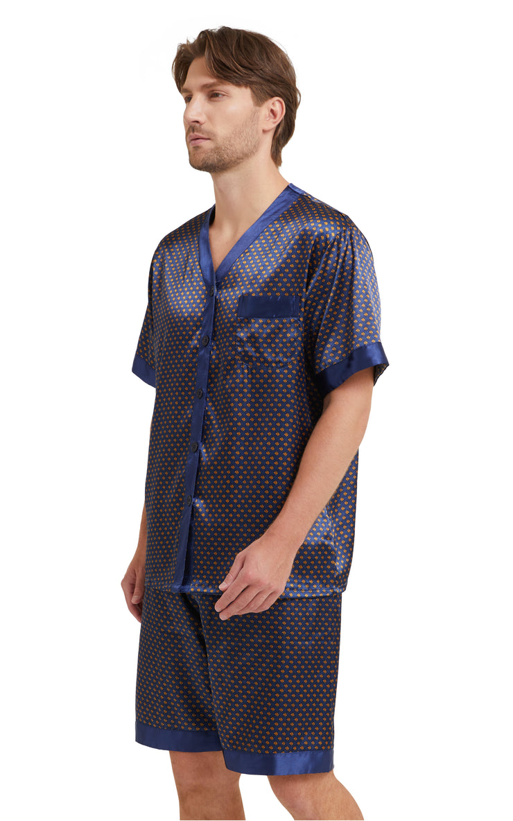 Men's Silk Satin V-Neck Pajama Set Short Sleeve-Navy and Golden Diamond