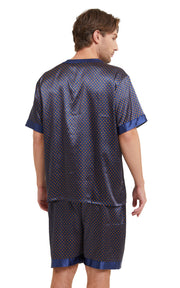 Men's Silk Satin V-Neck Pajama Set Short Sleeve-Navy and Golden Diamond
