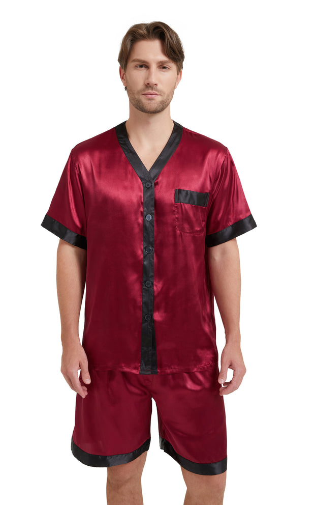 Men's Silk Satin V-Neck Pajama Set Short Sleeve-Burgundy