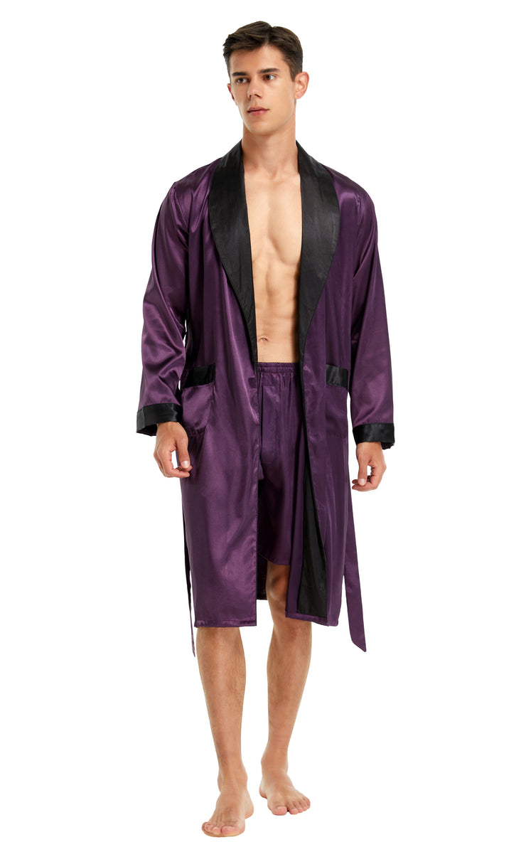 Men's Satin Long Robe with Shawl Collar-Dark Purple With Black Collar)