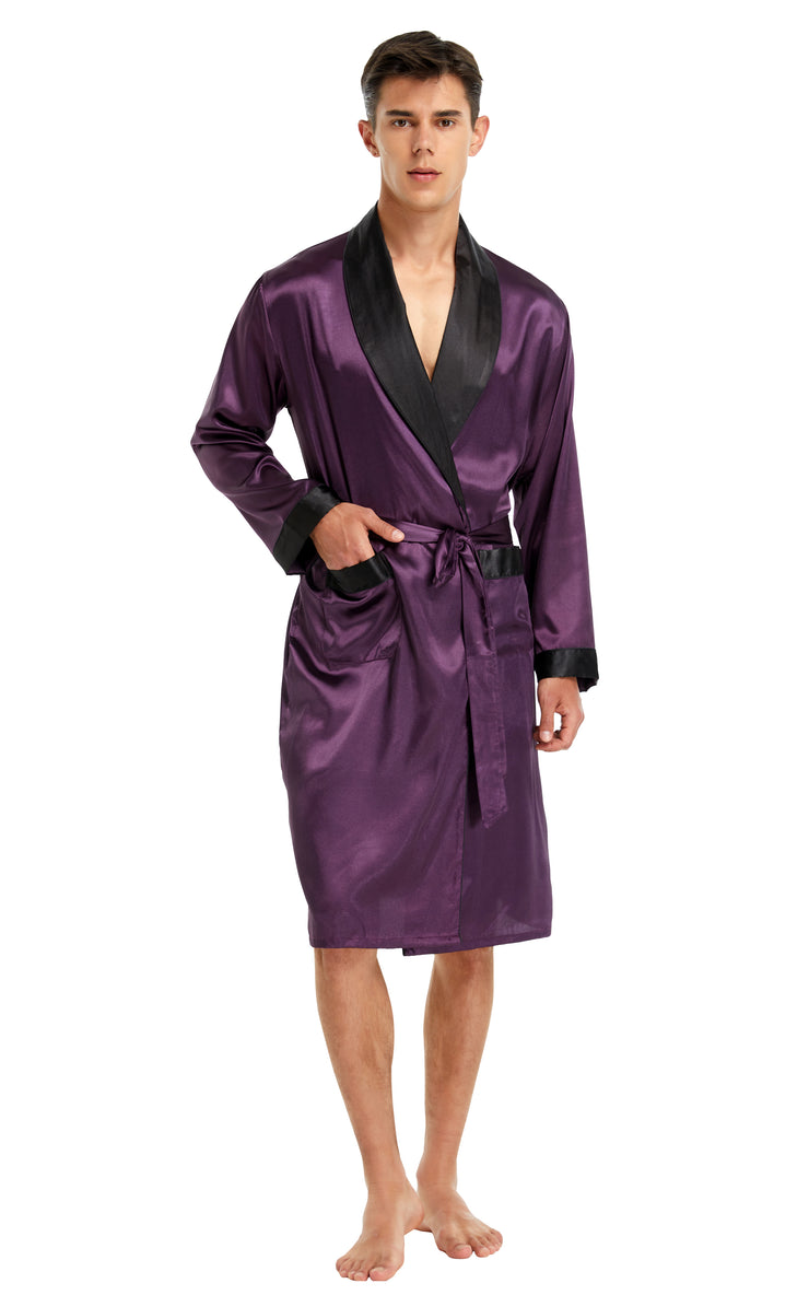 Men's Satin Long Robe with Shawl Collar-Dark Purple With Black Collar)