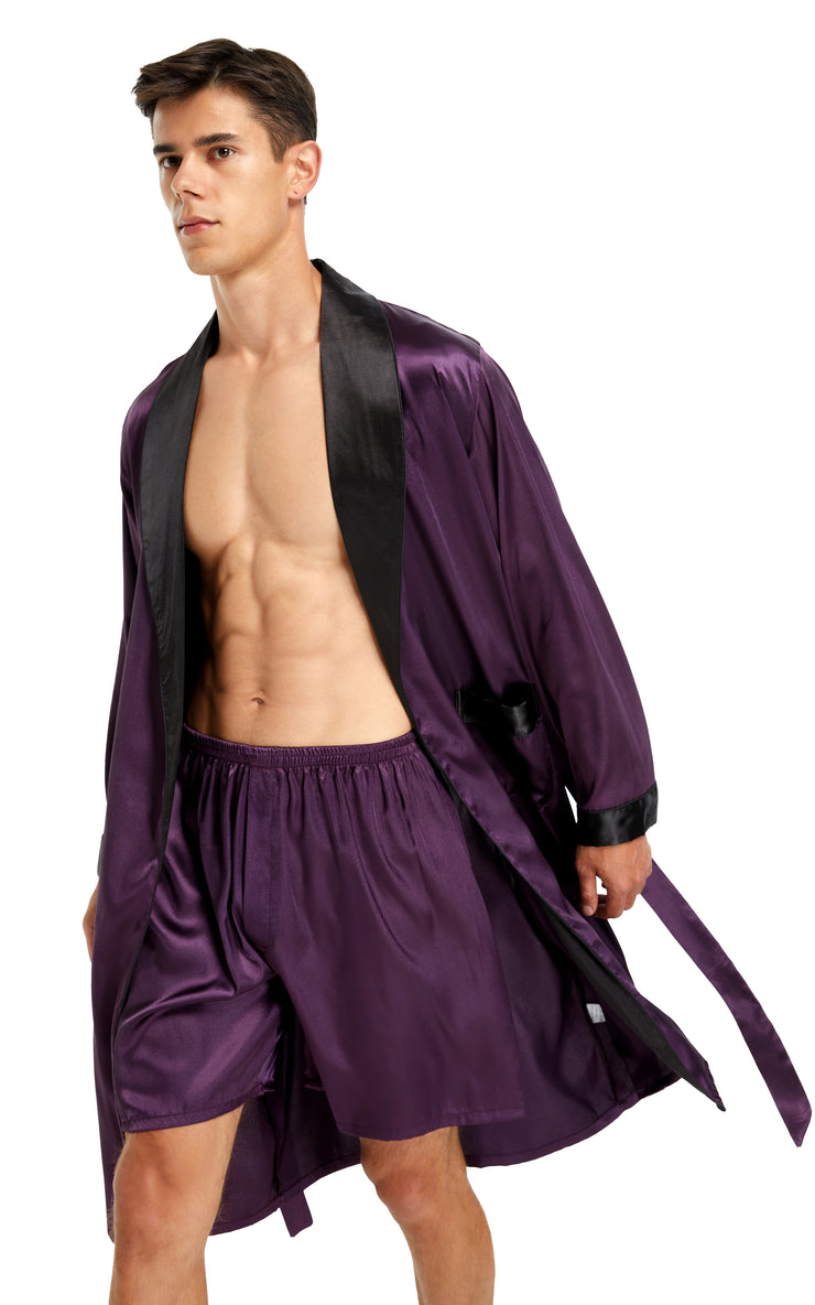 Men's Satin Long Robe with Shawl Collar-Dark Purple With Black Collar)