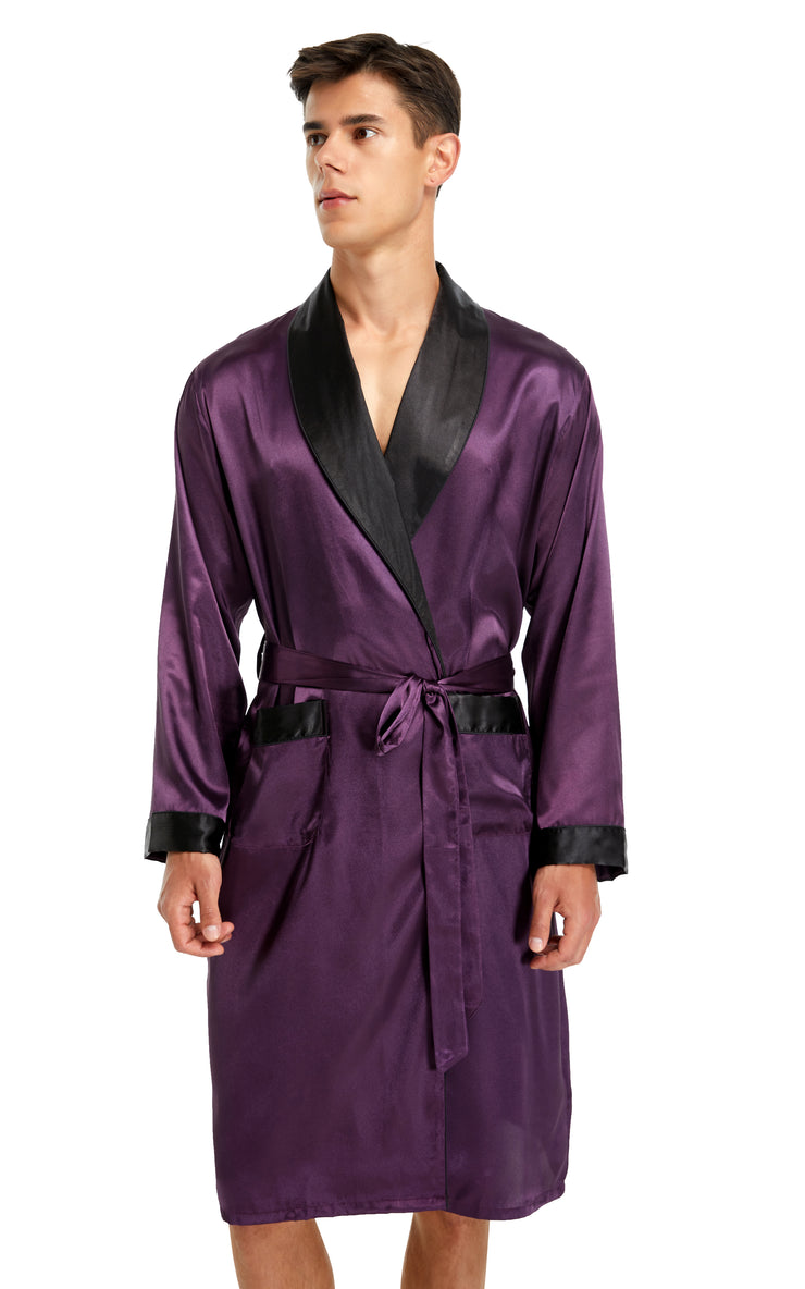 Men's Satin Long Robe with Shawl Collar-Dark Purple With Black Collar)