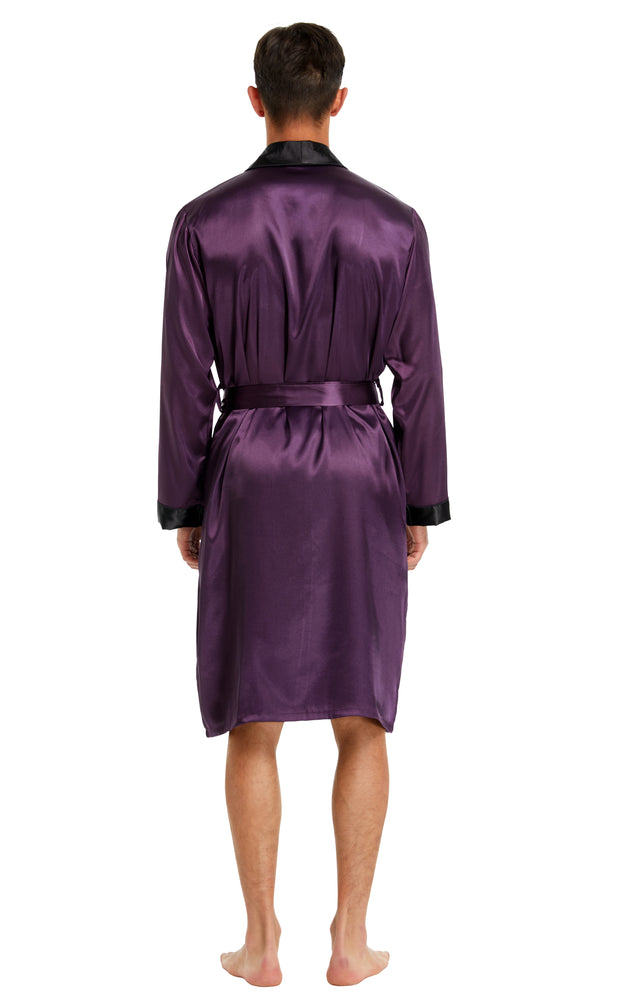 Men's Satin Long Robe with Shawl Collar-Dark Purple With Black Collar)