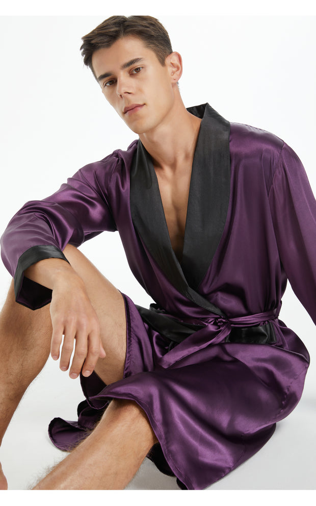 Men's Satin Long Robe with Shawl Collar-Dark Purple With Black Collar)