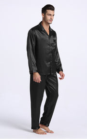 Men's Silk Satin Pajama Set Long Sleeve-Black