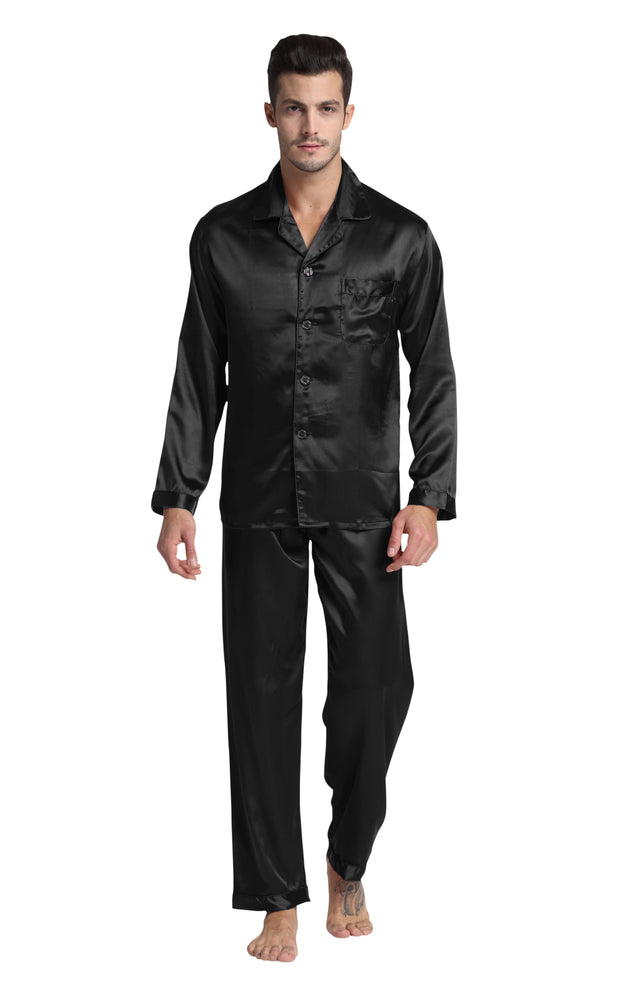 Men's Silk Satin Pajama Set Long Sleeve-Black