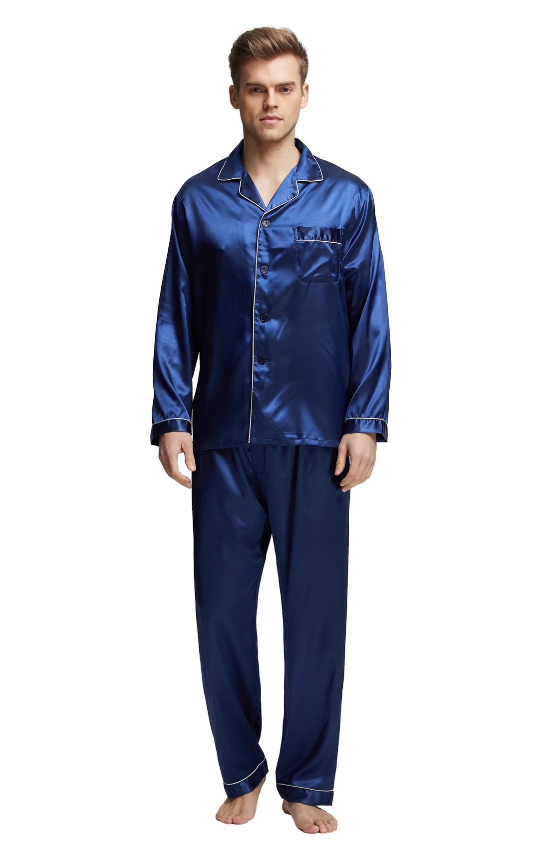 Men s Silk Satin Pajama Set Long Sleeve Navy Blue with White Piping Tony Candice