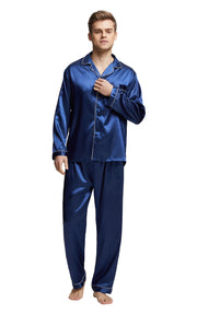 Men's Silk Satin Pajama Set Long Sleeve-Navy Blue with White Piping