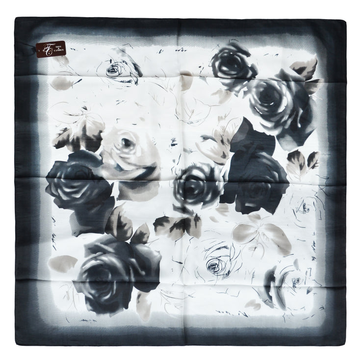 Women's 100% Silk Square Scarf with Graphic Print, 33*33 Inch (Black and White Flowers Print)