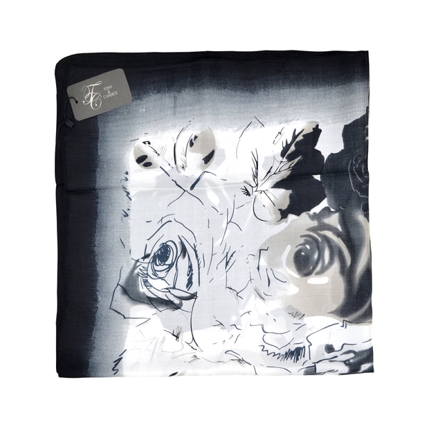 Women's 100% Silk Square Scarf with Graphic Print, 33*33 Inch (Black and White Flowers Print)