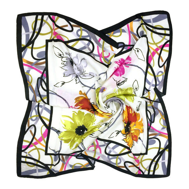 Women's 100% Silk Square Scarf with Graphic Print, 33*33 Inch (White Flowers Print)