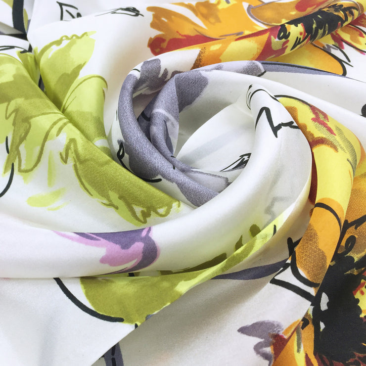 Women's 100% Silk Square Scarf with Graphic Print, 33*33 Inch (White Flowers Print)