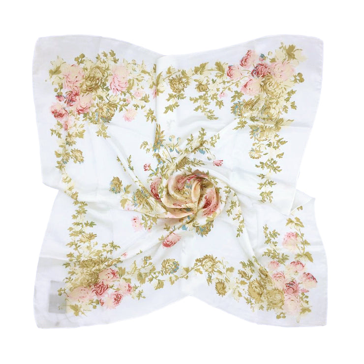 Women's 100% Silk Square Scarf with Graphic Print, 33*33 Inch (White and Pink Flowers Print)