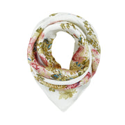 Women's 100% Silk Square Scarf with Graphic Print, 33*33 Inch (White and Pink Flowers Print)