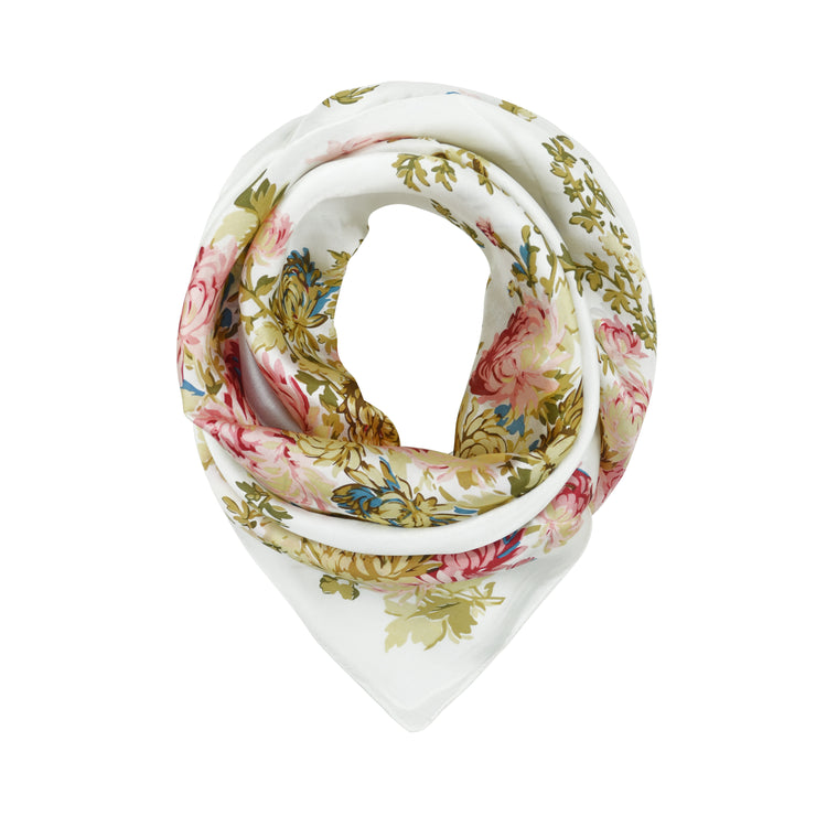 Women's 100% Silk Square Scarf with Graphic Print, 33*33 Inch (White and Pink Flowers Print)