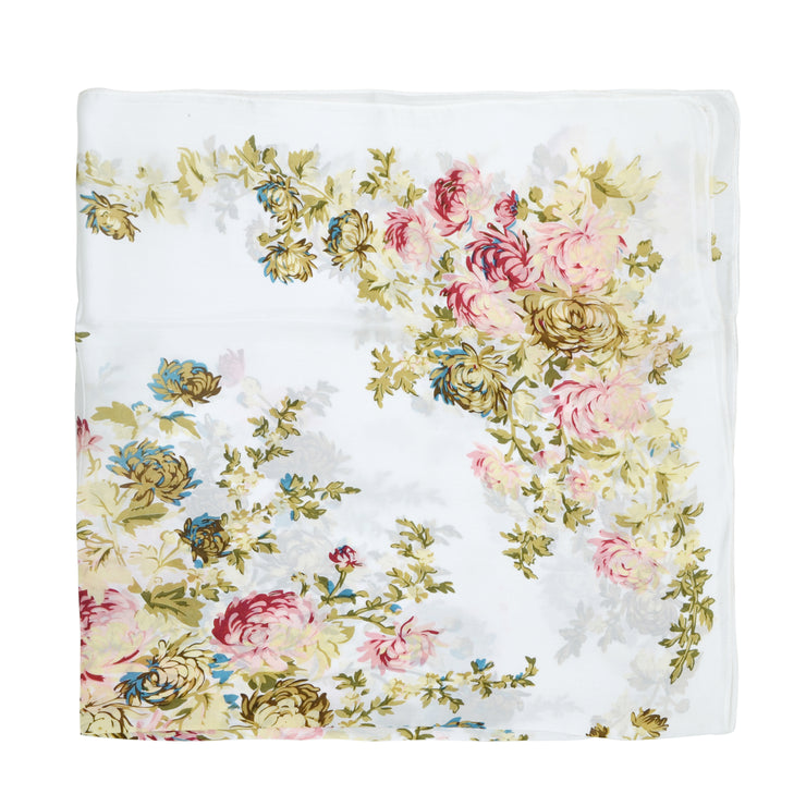 Women's 100% Silk Square Scarf with Graphic Print, 33*33 Inch (White and Pink Flowers Print)