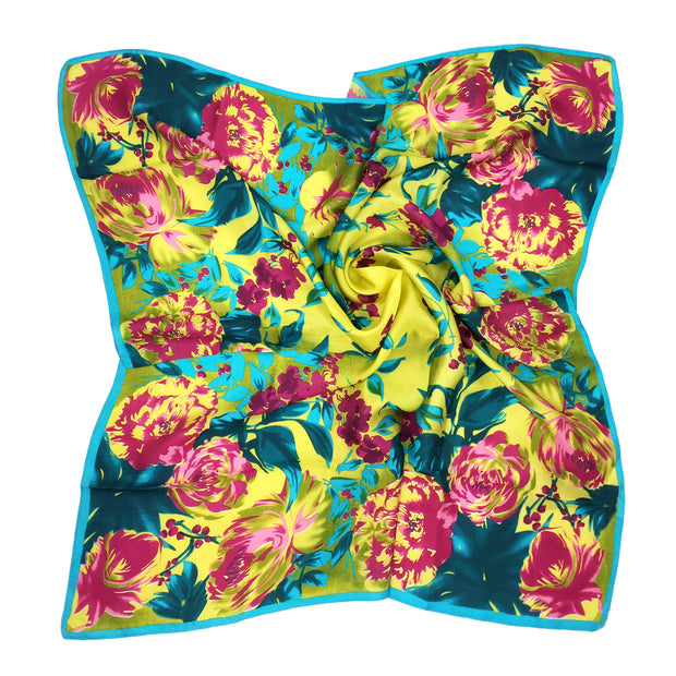 Women's 100% Silk Square Scarf with Graphic Print, 33*33 Inch (Yellow Flowers Print)