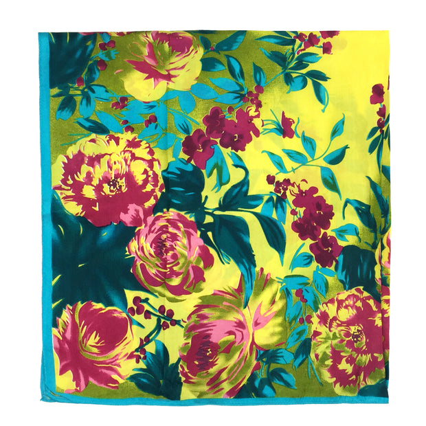 Women's 100% Silk Square Scarf with Graphic Print, 33*33 Inch (Yellow Flowers Print)