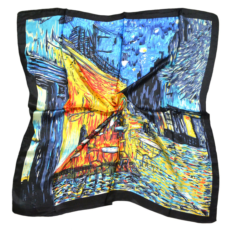 Women's 100% Silk Square Scarf with Graphic Print, 33*33 Inch (cafe oil painting pattern print)