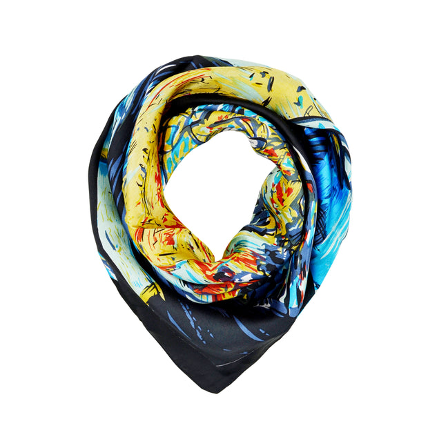 Women's 100% Silk Square Scarf with Graphic Print, 33*33 Inch (cafe oil painting pattern print)