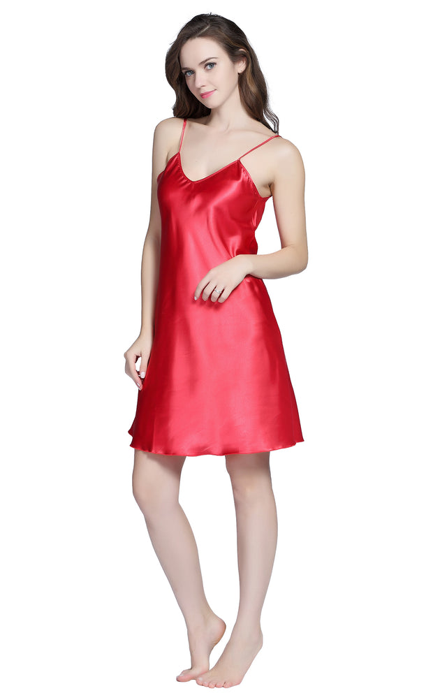 Women's Satin Nightgown Sexy Long Camisole -Red